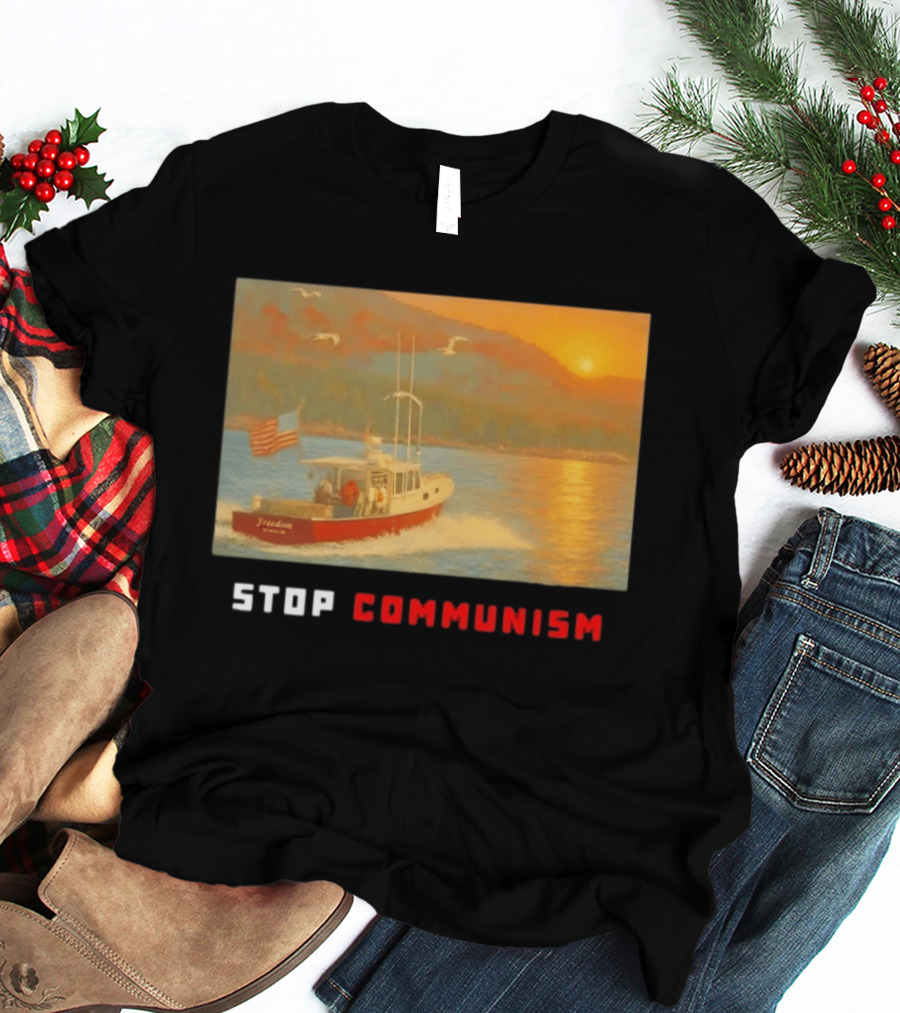 Stop Communism Freedom Boat American Flag Sunset Landscape T-Shirt