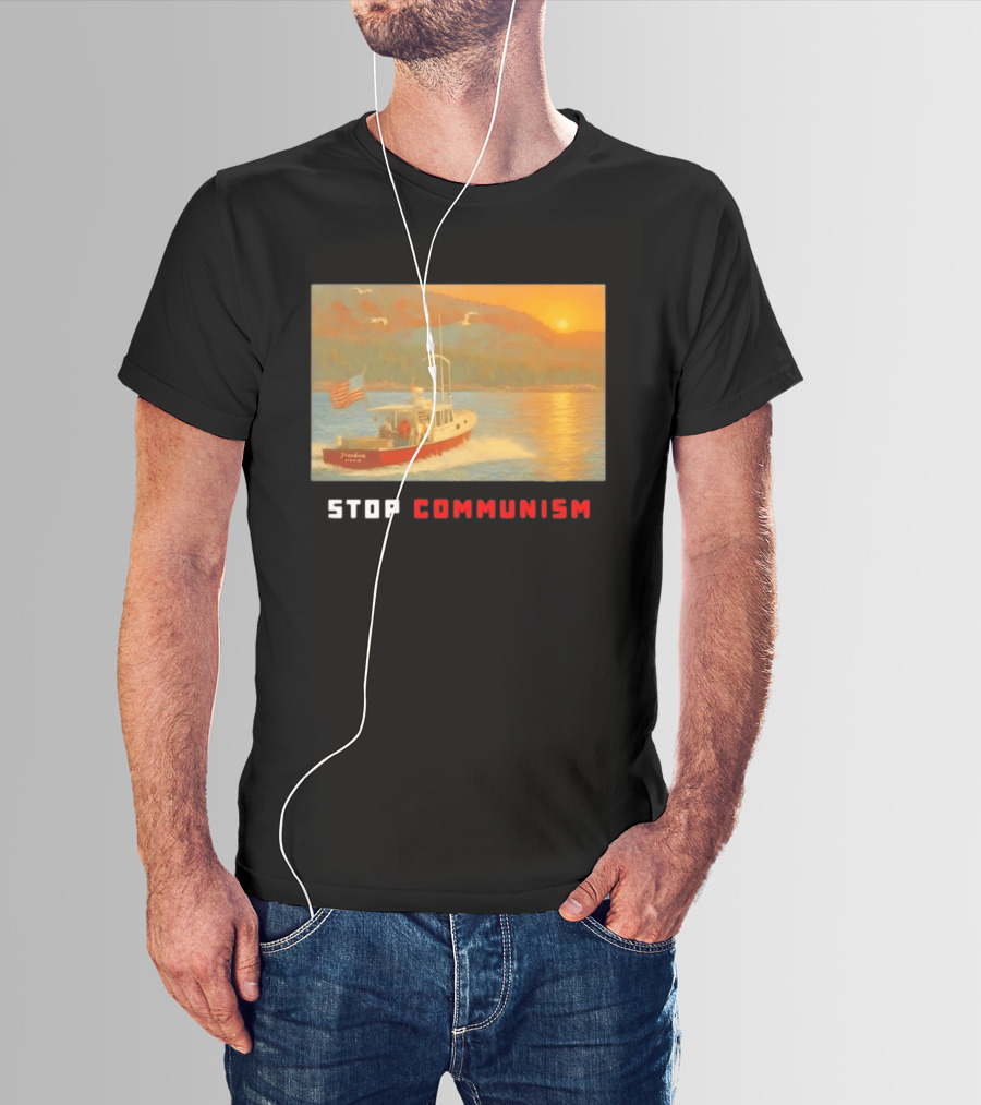 Stop Communism Freedom Boat American Flag Sunset Landscape T-Shirt