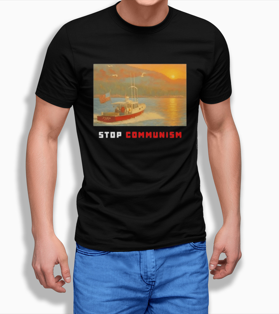 Stop Communism Freedom Boat American Flag Sunset Landscape T-Shirt