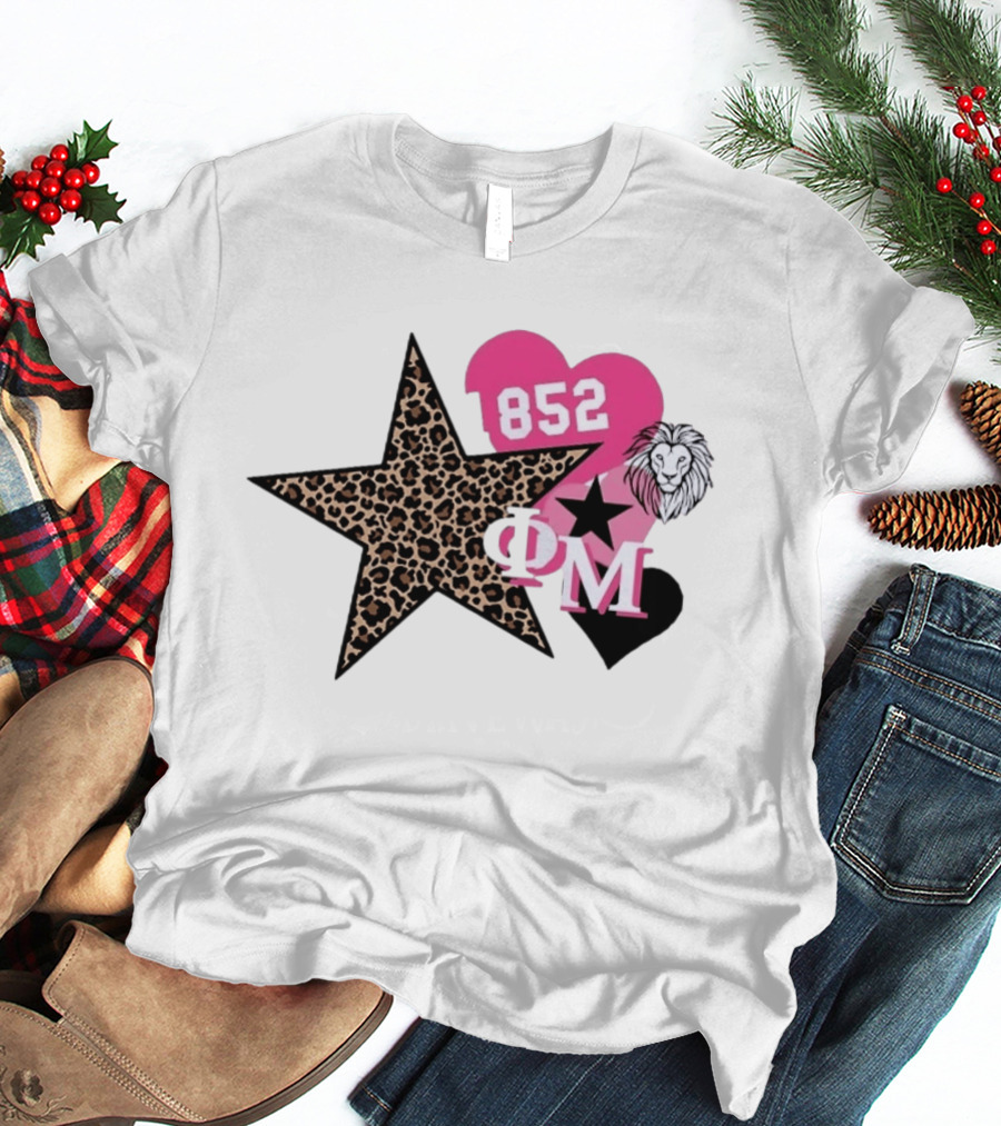 Phi Mu 1852 Leopard Star Lion 852 Pink Heart Sorority T-Shirt