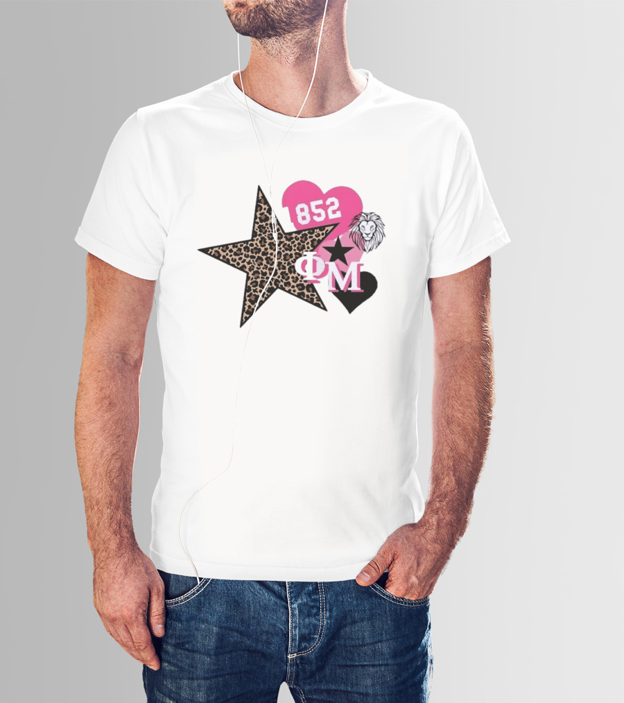 Phi Mu 1852 Leopard Star Lion 852 Pink Heart Sorority T-Shirt