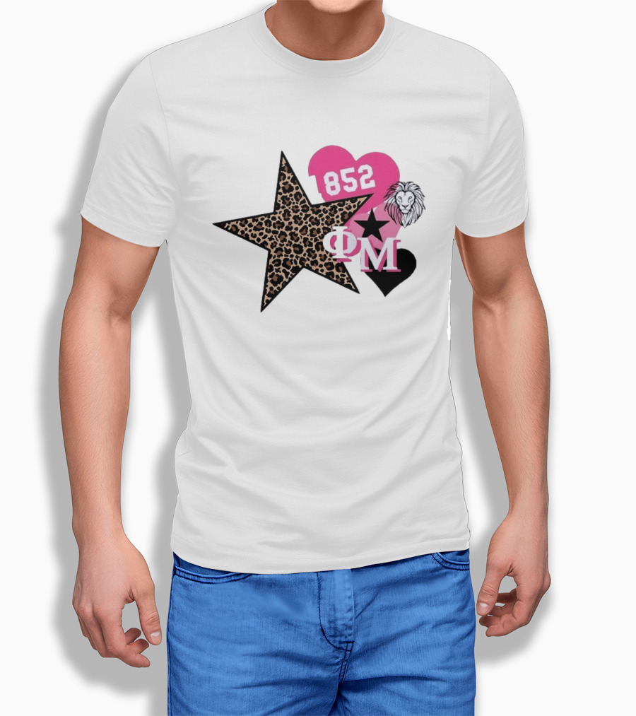 Phi Mu 1852 Leopard Star Lion 852 Pink Heart Sorority T-Shirt