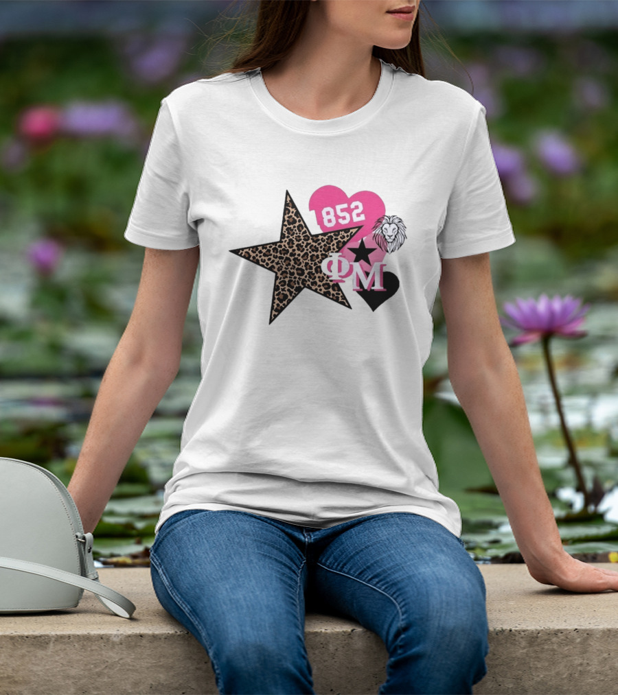 Phi Mu 1852 Leopard Star Lion 852 Pink Heart Sorority T-Shirt