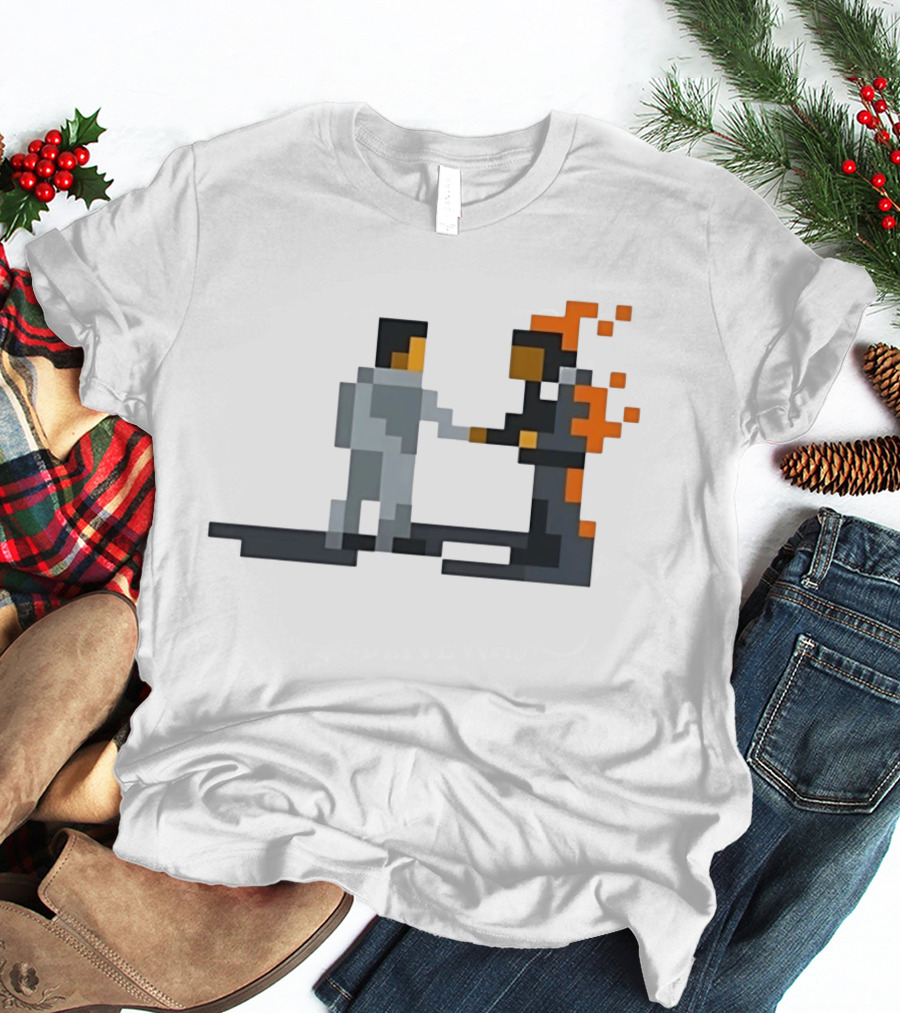 Pink Floyd Wish You Were Here Pixelated Two Men Shaking Hands Flames T-Shirt
