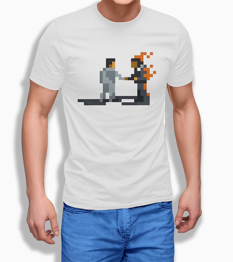 Pink Floyd Wish You Were Here Pixelated Two Men Shaking Hands Flames T-Shirt