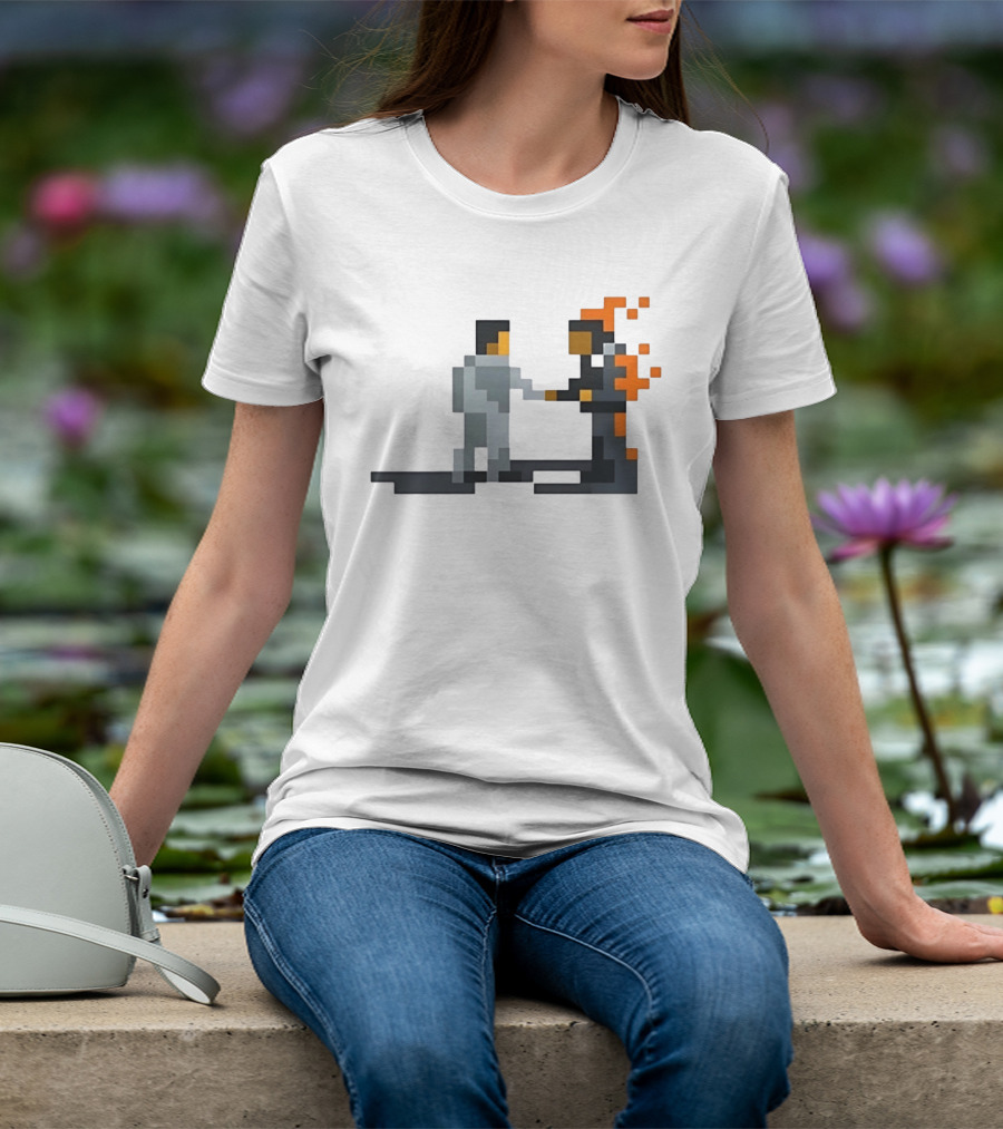 Pink Floyd Wish You Were Here Pixelated Two Men Shaking Hands Flames T-Shirt