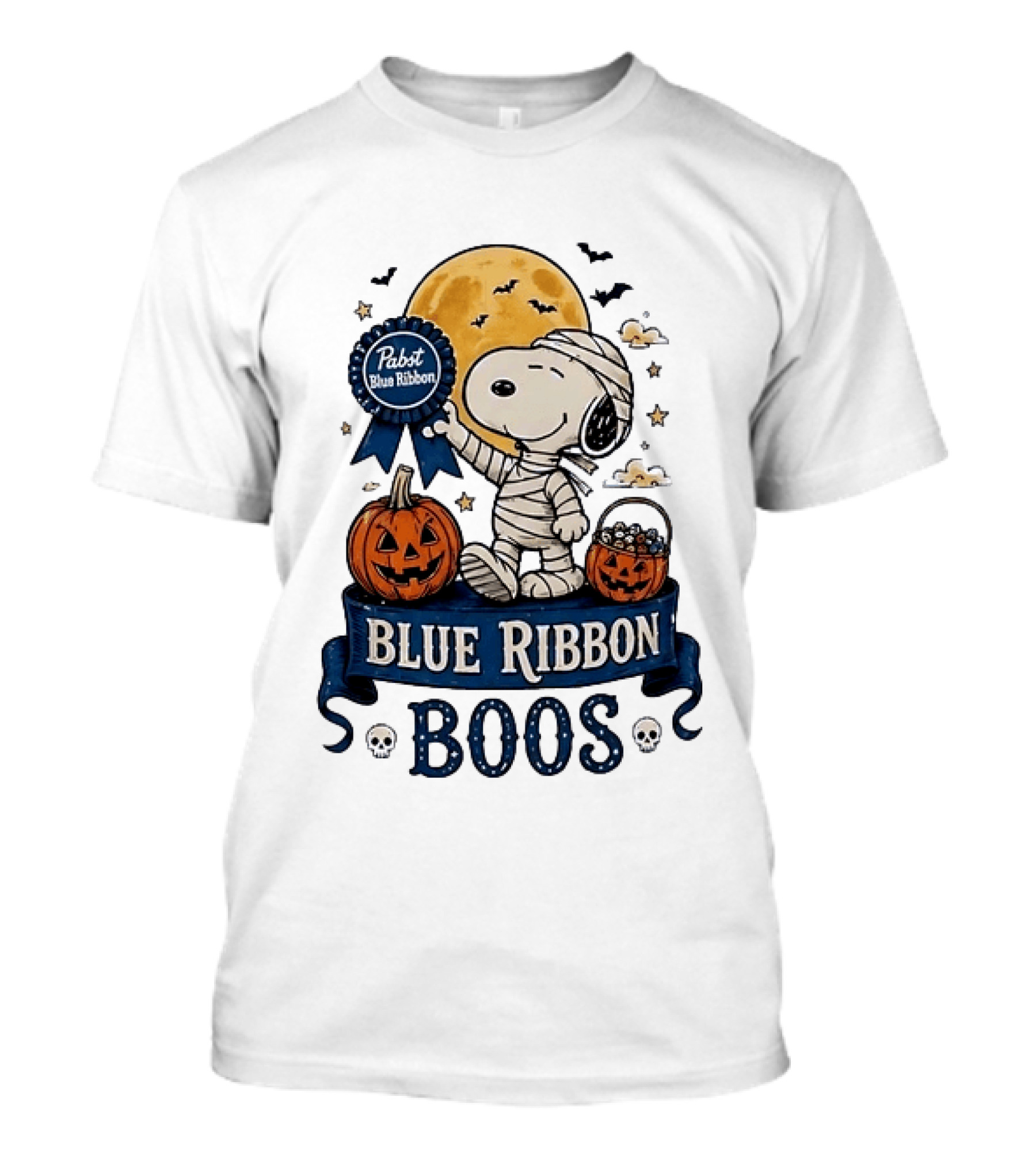 Pabst Blue Ribbon Snoopy Mummy Halloween Blue Ribbon Boos Pumpkin Moon Bats T-Shirt