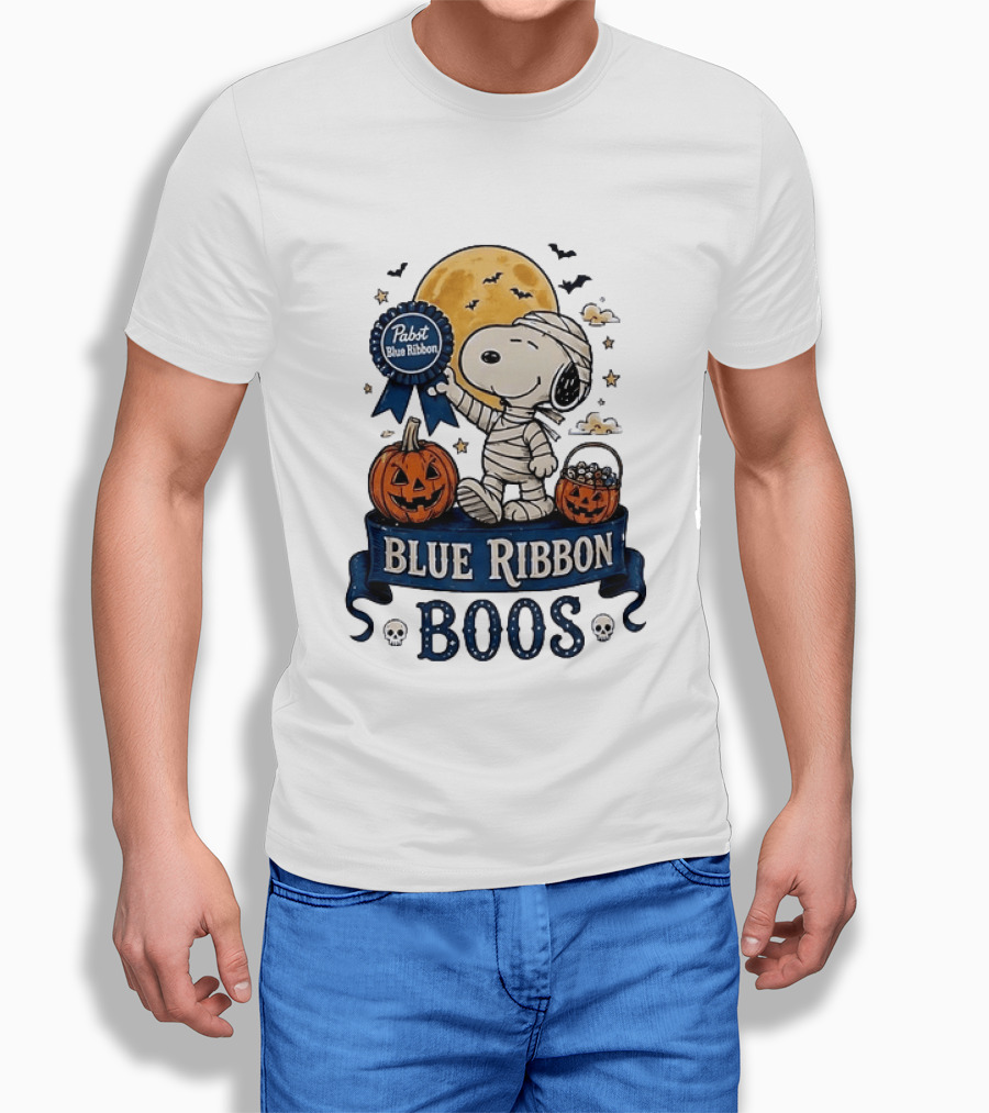 Pabst Blue Ribbon Snoopy Mummy Halloween Blue Ribbon Boos Pumpkin Moon Bats T-Shirt