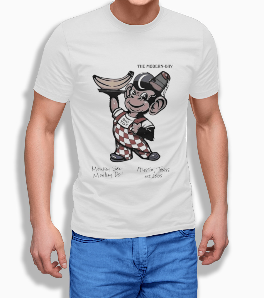 The Modern Day Big Toy Monkey See Monkey Do Austin Texas Est 2005 Vintage Cartoon T-Shirt