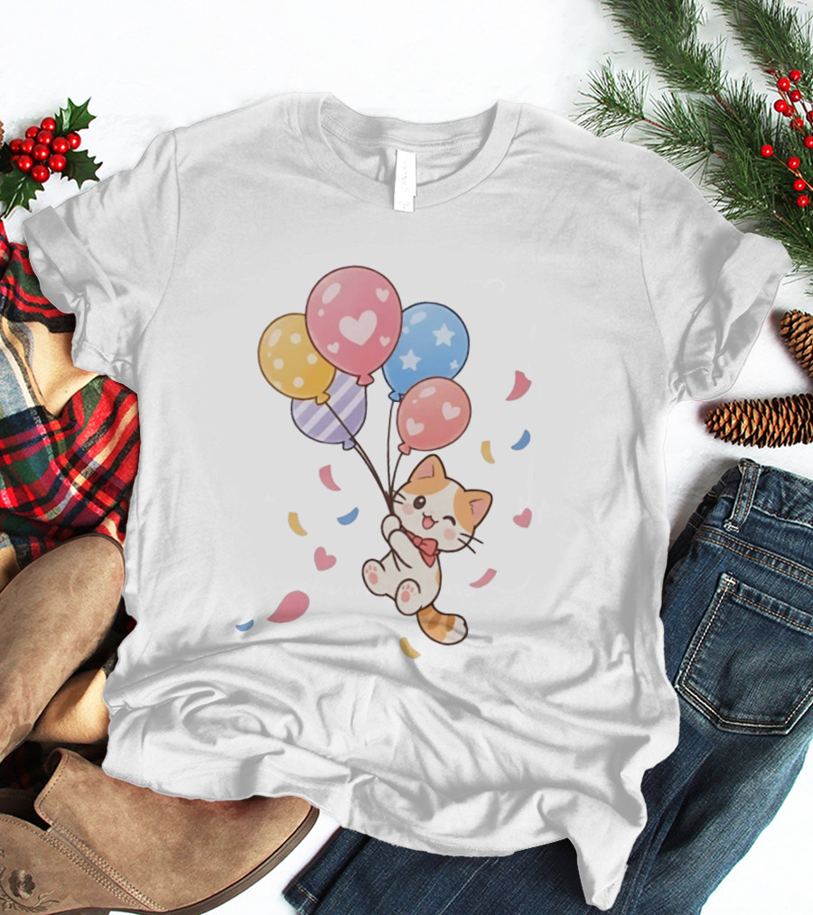 Cat Floating With Colorful Balloons T-Shirt