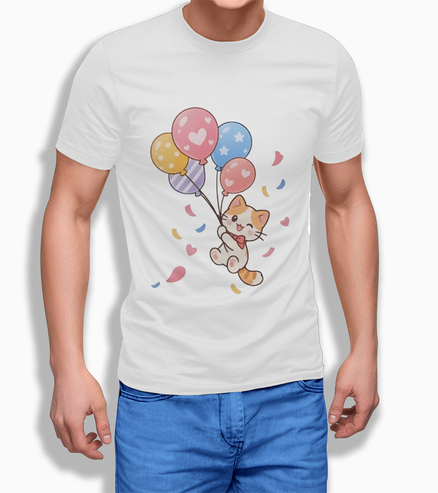 Cat Floating With Colorful Balloons T-Shirt