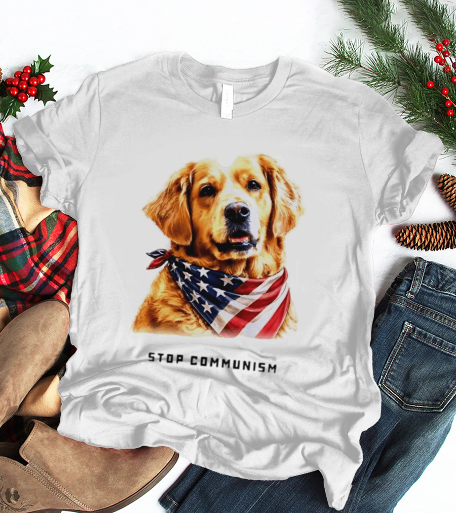 Golden Retriever Wearing American Flag Bandana Stop Communism T-Shirt