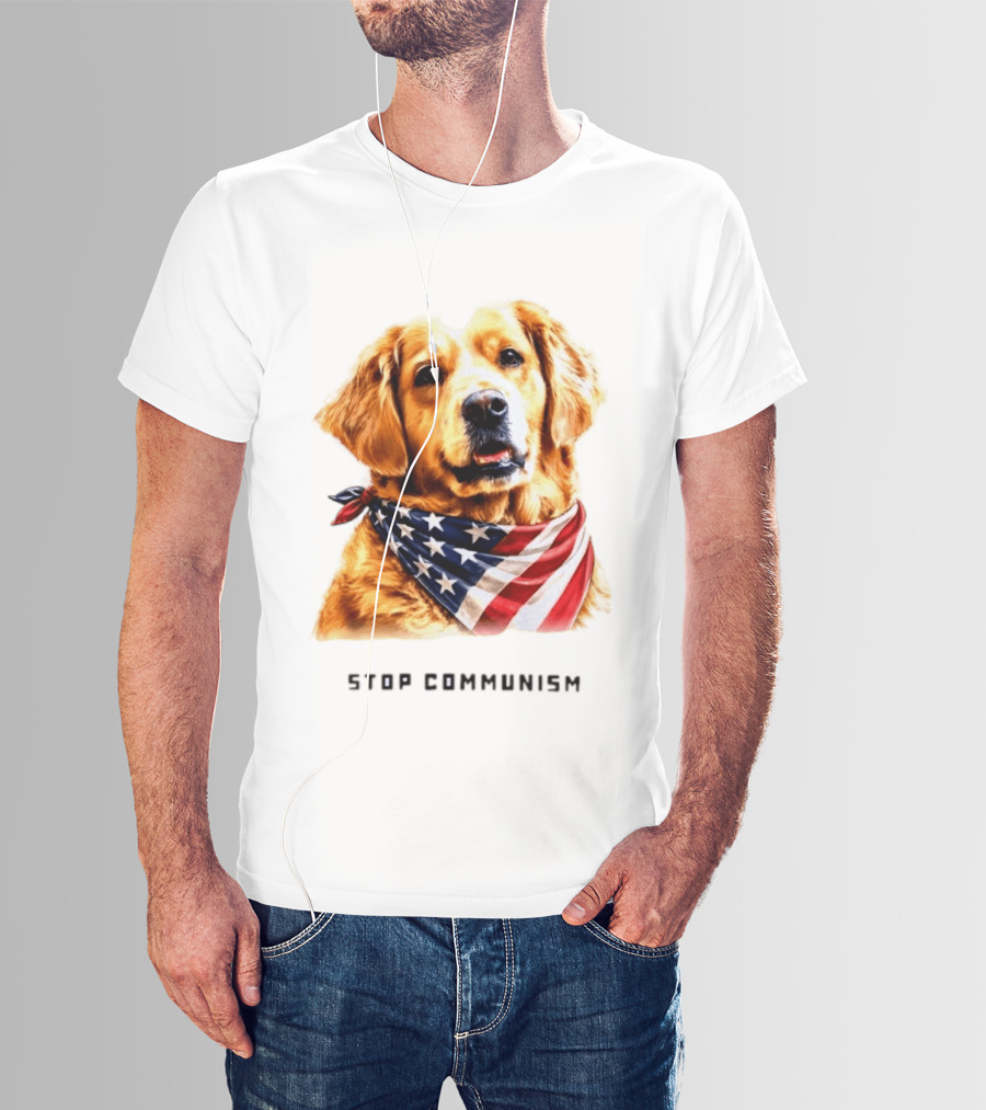 Golden Retriever Wearing American Flag Bandana Stop Communism T-Shirt