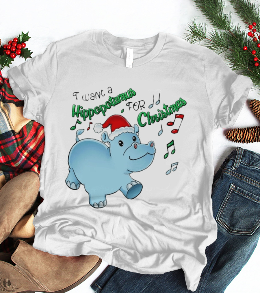 Inktastic I Want A Hippopotamus For Christmas Hippo In Santa Hat T-Shirt