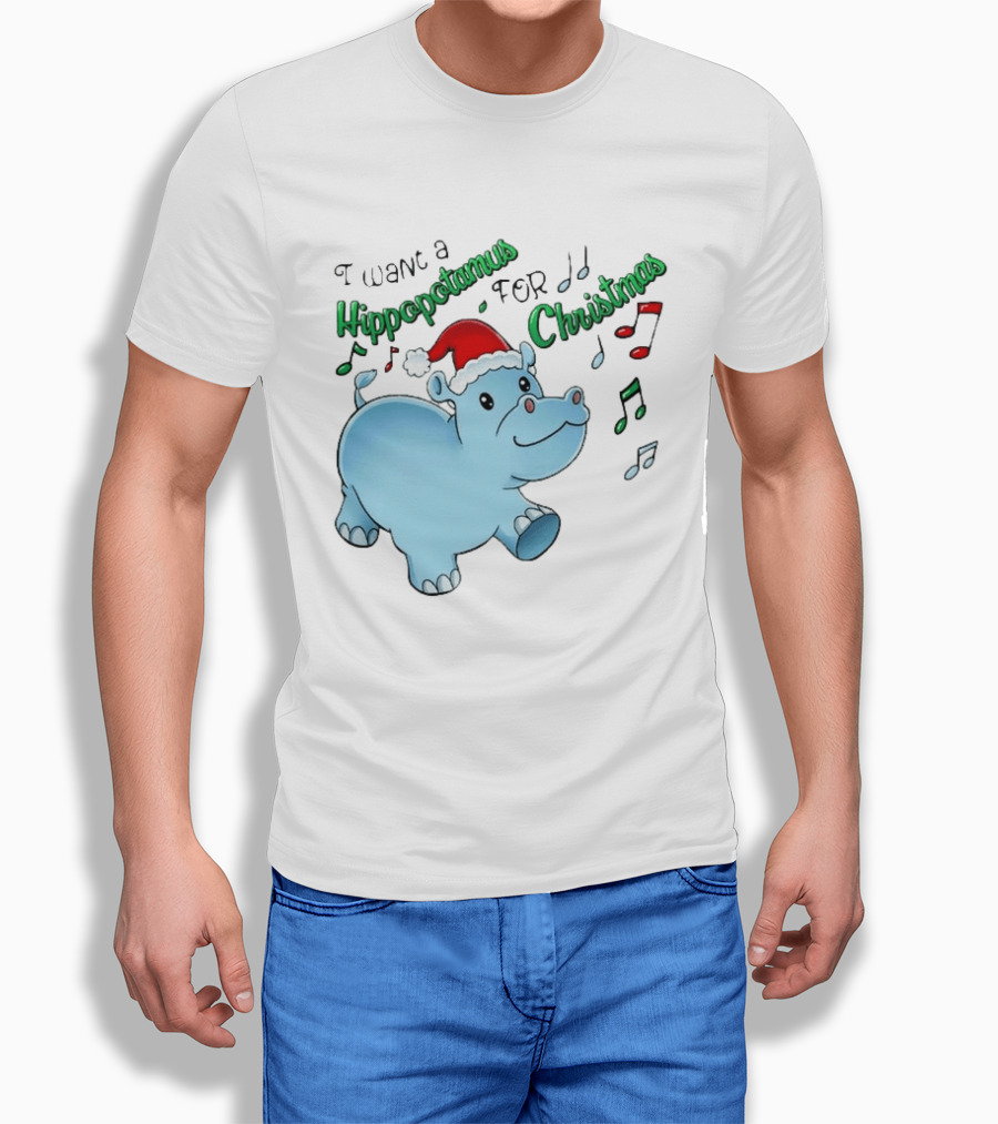 Inktastic I Want A Hippopotamus For Christmas Hippo In Santa Hat T-Shirt
