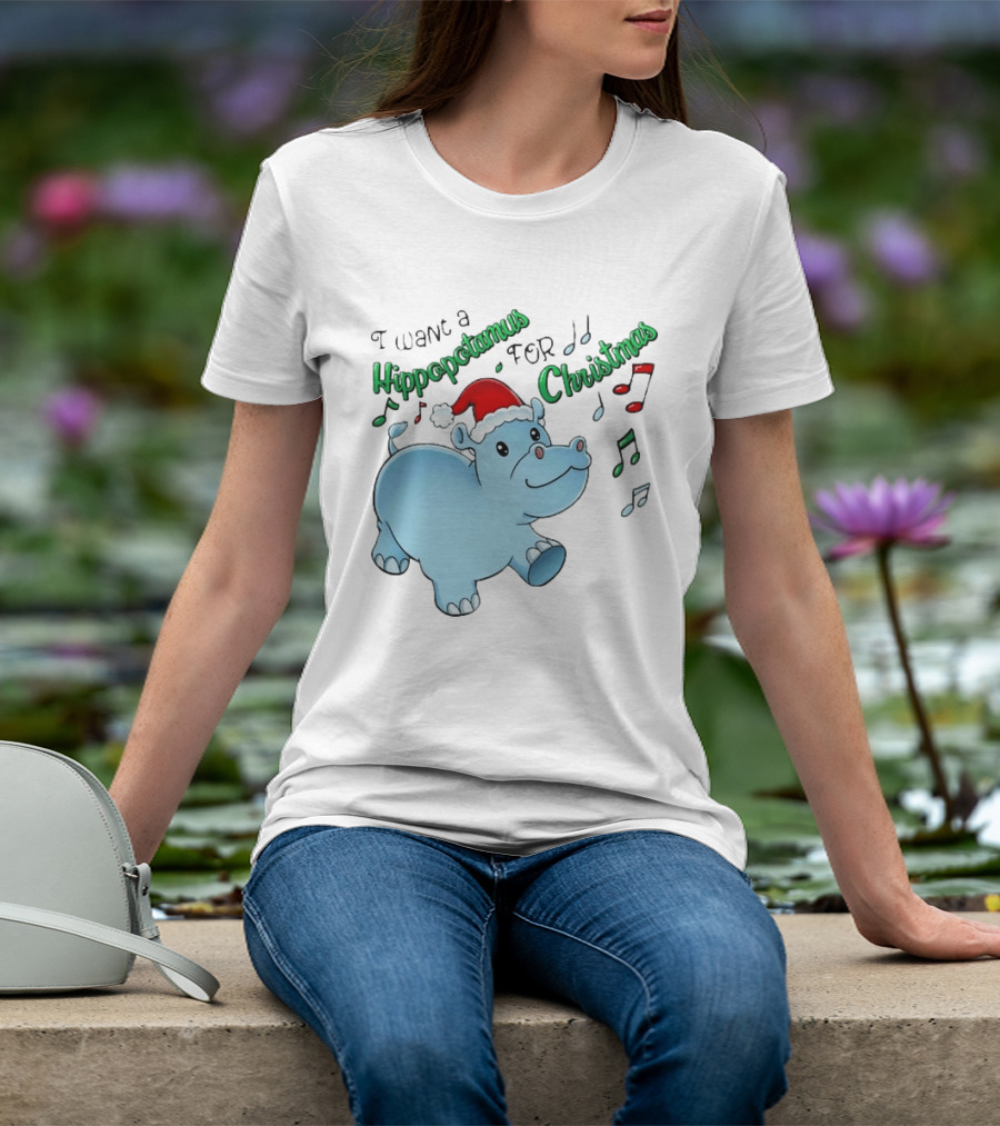 Inktastic I Want A Hippopotamus For Christmas Hippo In Santa Hat T-Shirt