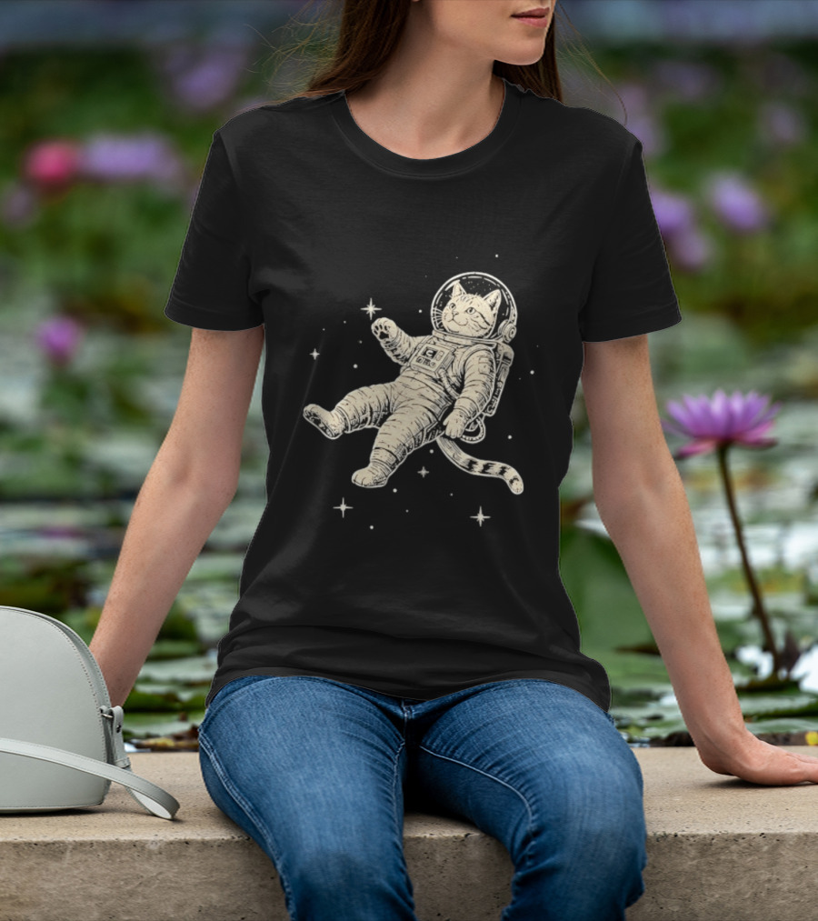 Astronaut Cat Floating In Space With Stars And Helmet T-Shirt