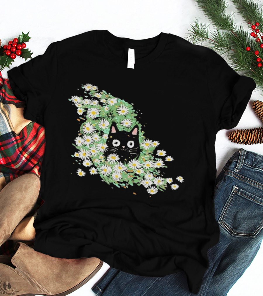Black Cat Surrounded By Daisies In A Field T-Shirt