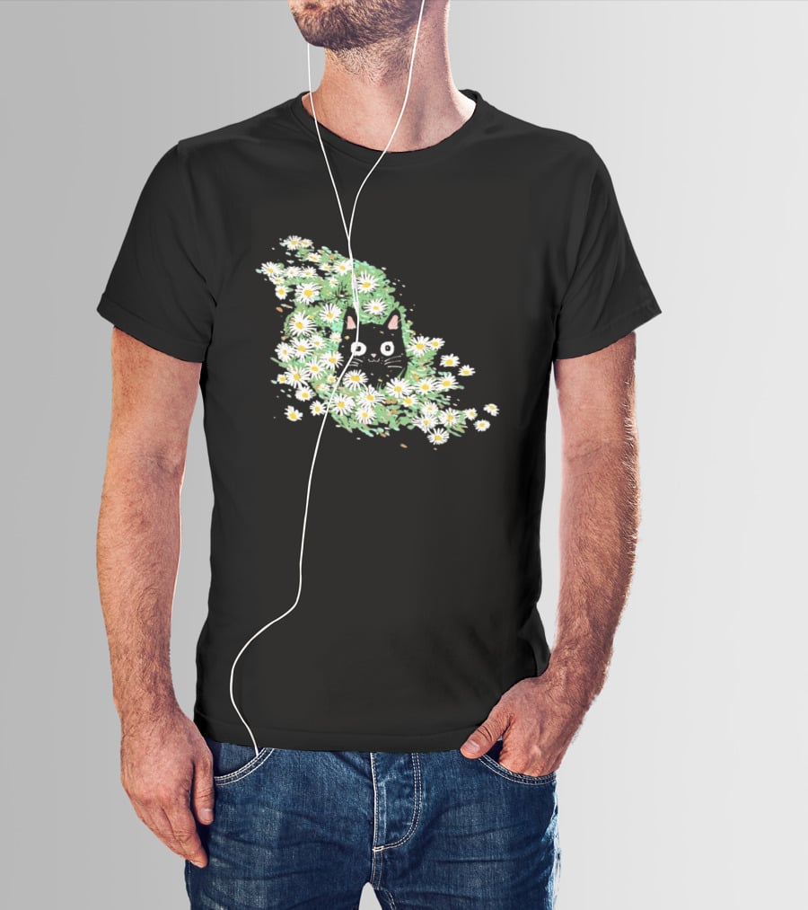 Black Cat Surrounded By Daisies In A Field T-Shirt