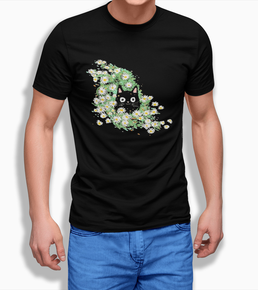 Black Cat Surrounded By Daisies In A Field T-Shirt