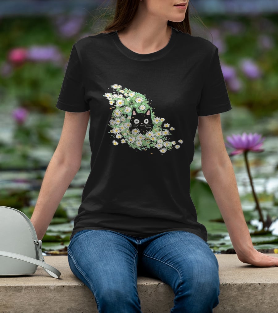 Black Cat Surrounded By Daisies In A Field T-Shirt
