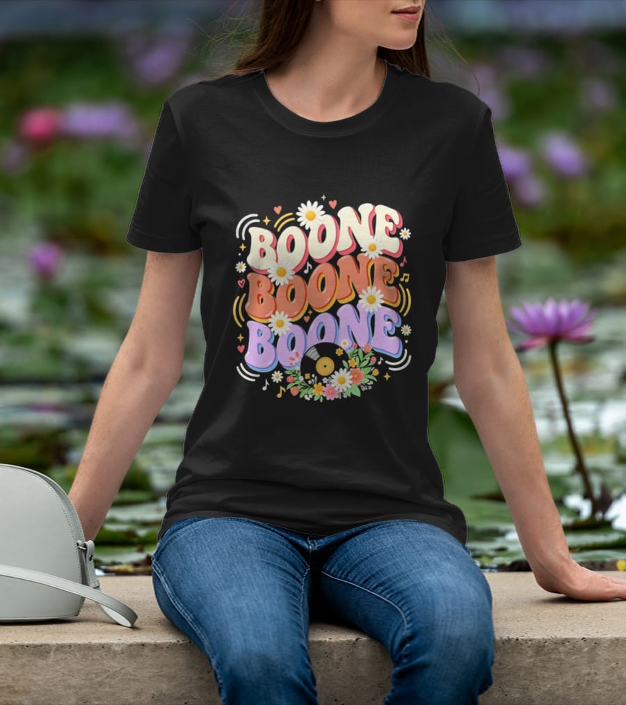 Boone Floral Vinyl Record Music Lover Colorful Daisy Notes Hearts T-Shirt