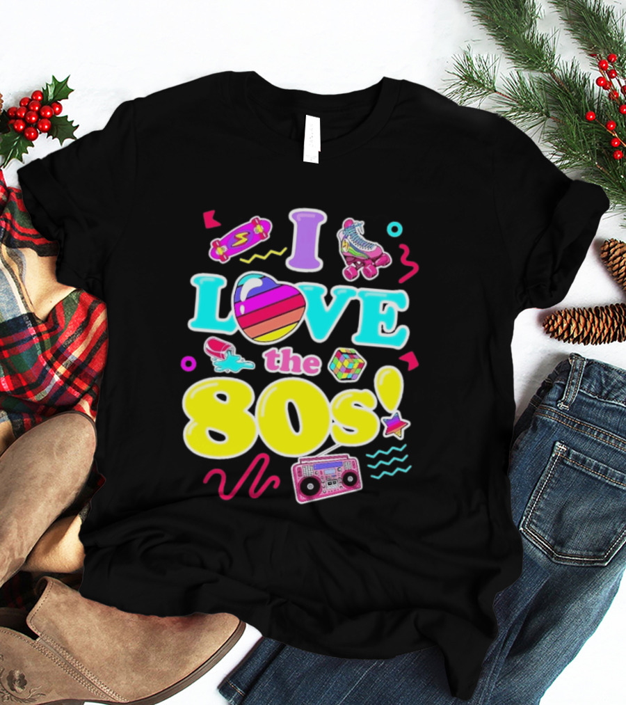 I Love The 80s Nostalgia Roller Skates Boombox Rubik's Cube Retro Fun T-Shirt