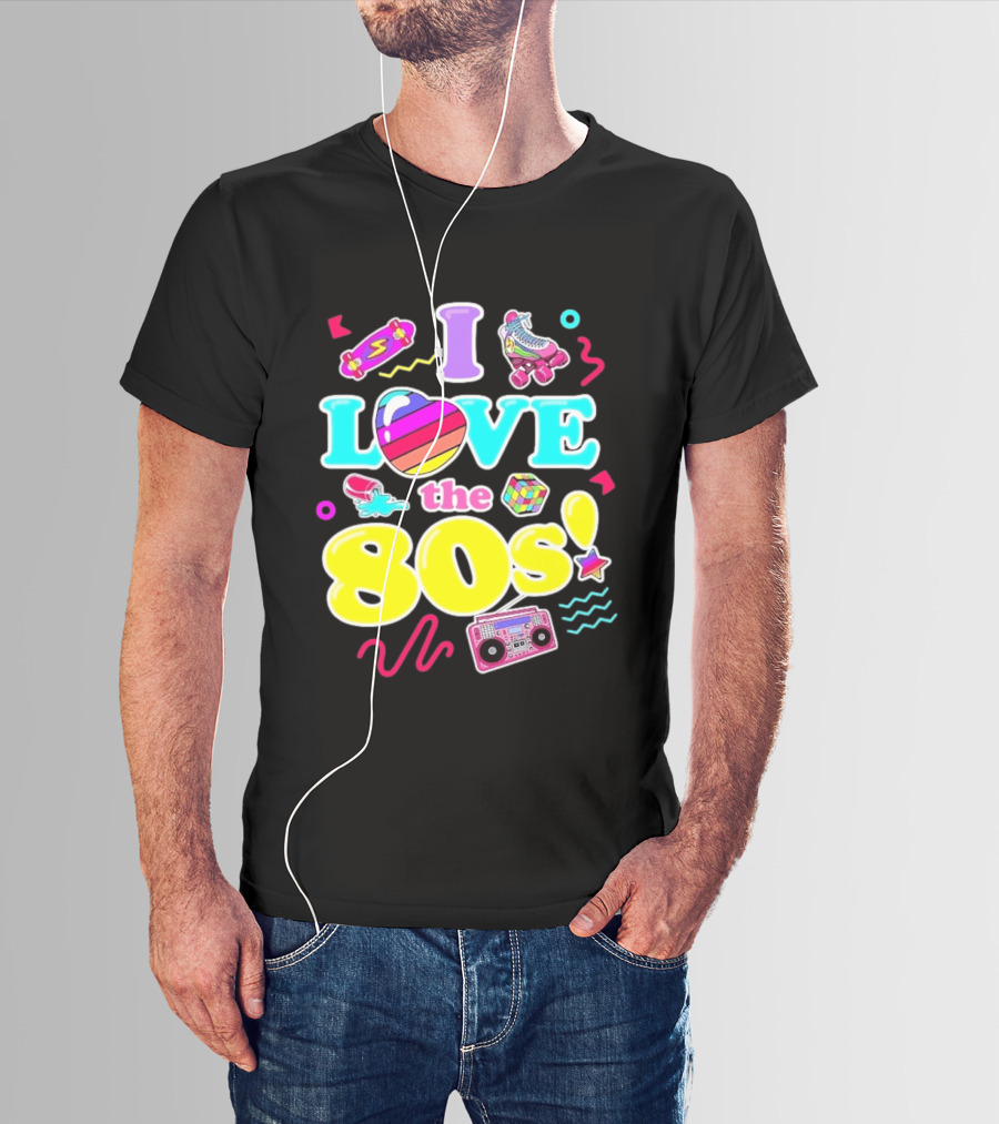 I Love The 80s Nostalgia Roller Skates Boombox Rubik's Cube Retro Fun T-Shirt