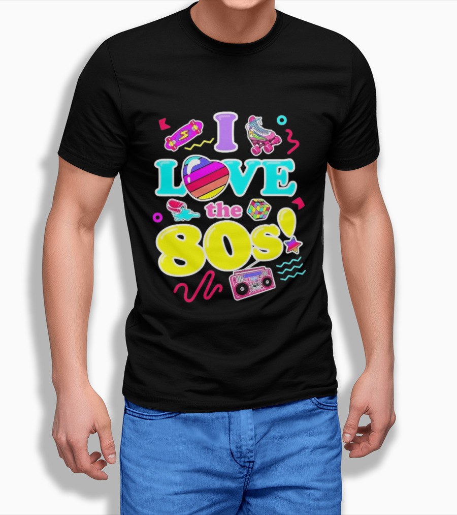 I Love The 80s Nostalgia Roller Skates Boombox Rubik's Cube Retro Fun T-Shirt
