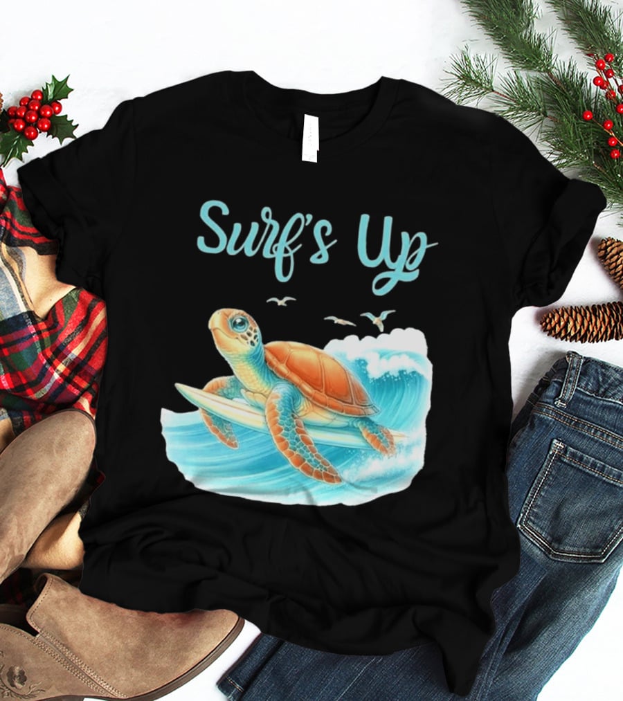 Surf's Up Turtle Riding Surfboard On Big Wave T-Shirt