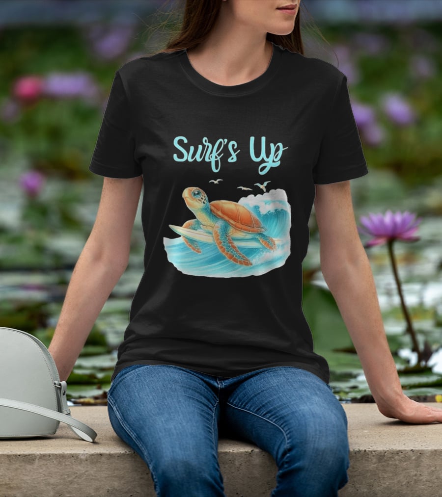 Surf's Up Turtle Riding Surfboard On Big Wave T-Shirt