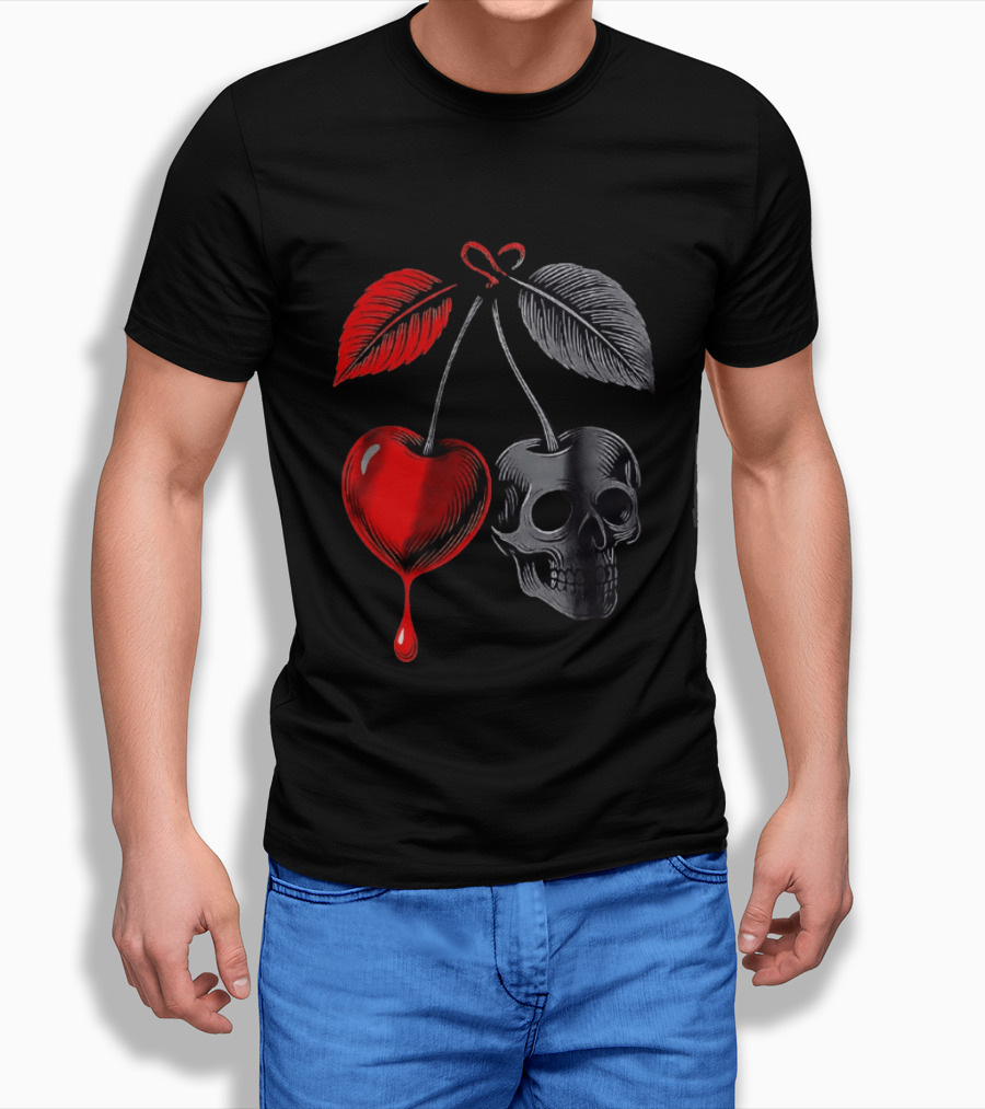 Bleeding Cherry Skull Memento Mori Gothic Macabre Dark Fruit T-Shirt