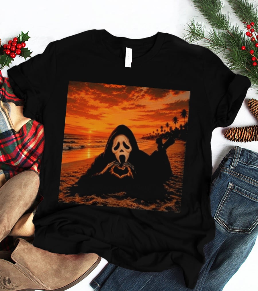Ghostface Heart Hands Beach Sunset Halloween 2026 T-Shirt