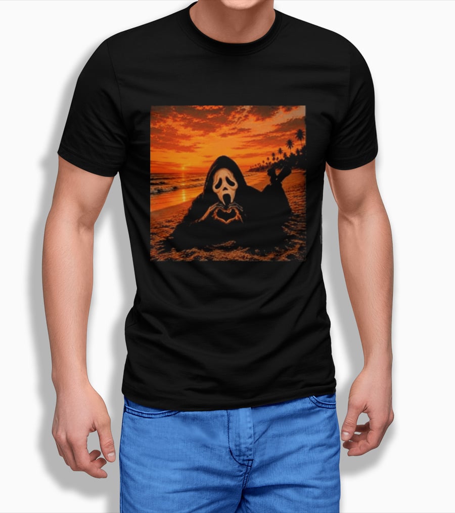 Ghostface Heart Hands Beach Sunset Halloween 2026 T-Shirt