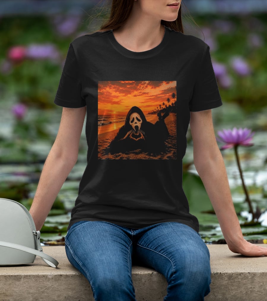 Ghostface Heart Hands Beach Sunset Halloween 2026 T-Shirt