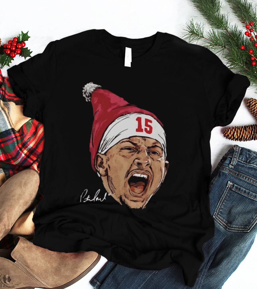 Pat Mahomes Screaming Face Red Santa Hat Number 15 Halftone Caricature T-Shirt