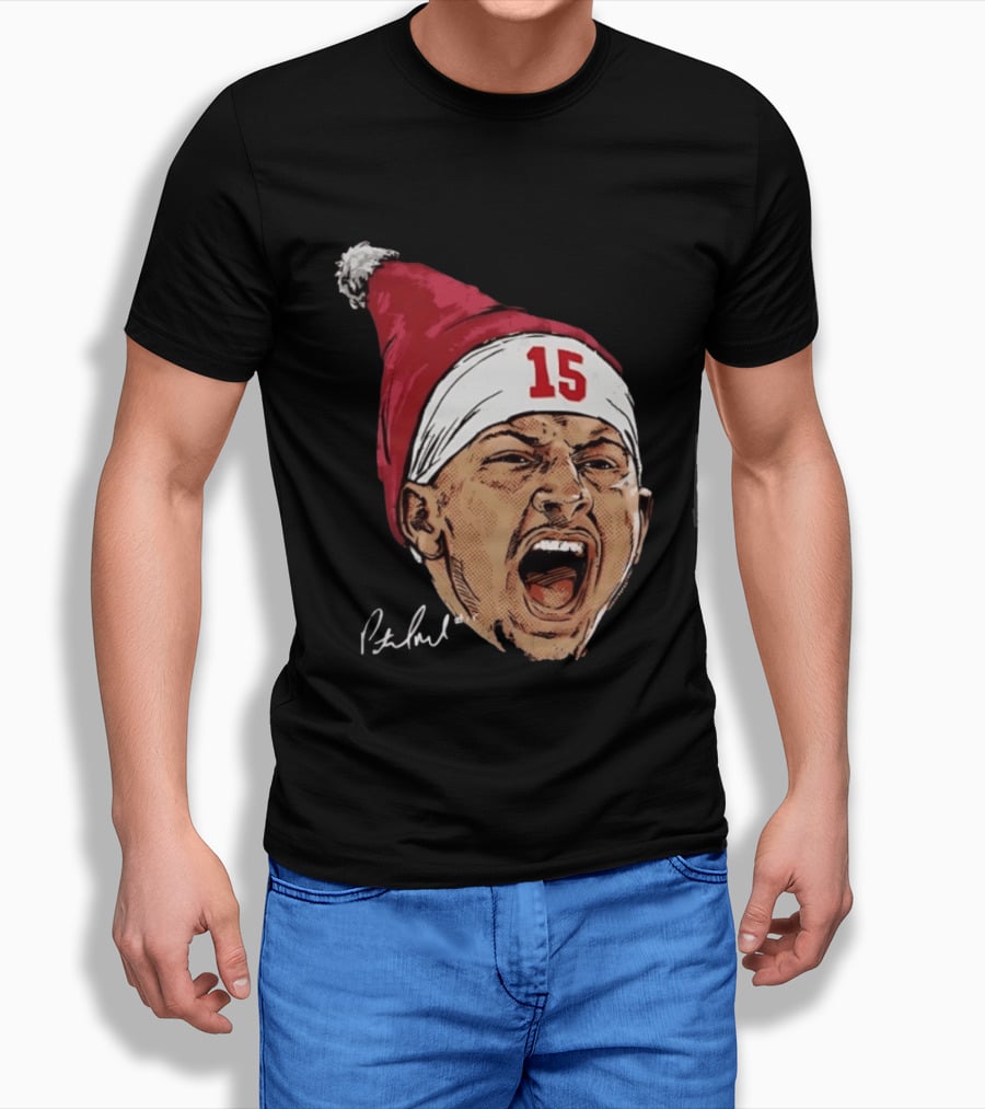 Pat Mahomes Screaming Face Red Santa Hat Number 15 Halftone Caricature T-Shirt