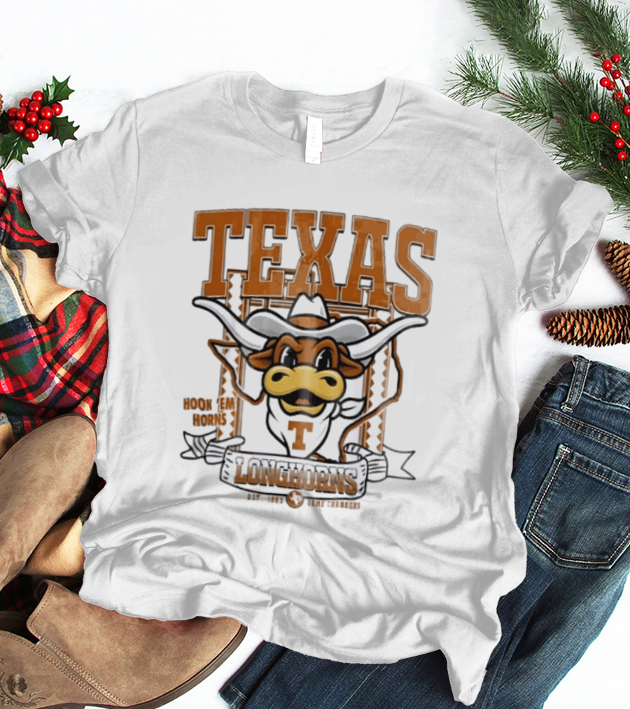 Texas Longhorns Hook Em Horns Game Changers Est 1883 State Map Cartoon T-Shirt
