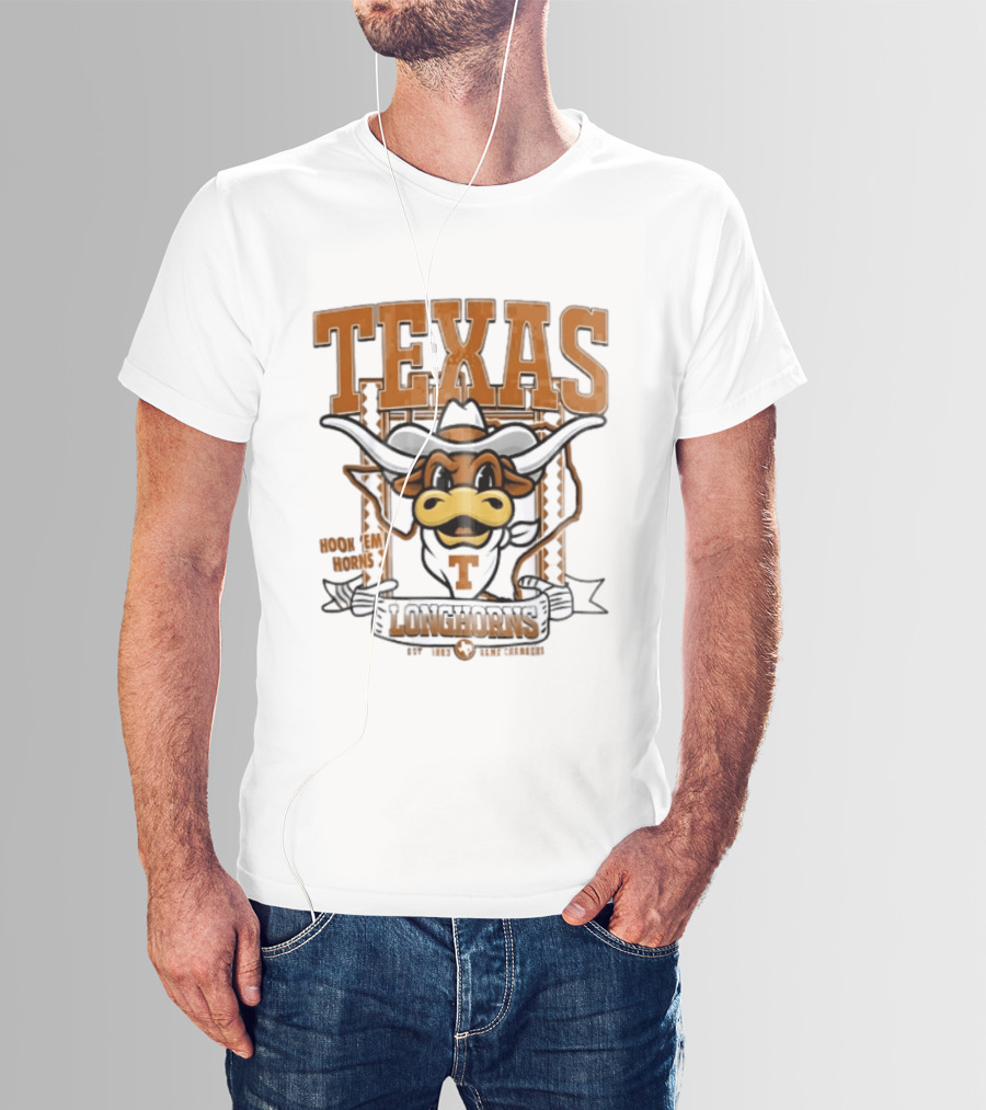 Texas Longhorns Hook Em Horns Game Changers Est 1883 State Map Cartoon T-Shirt