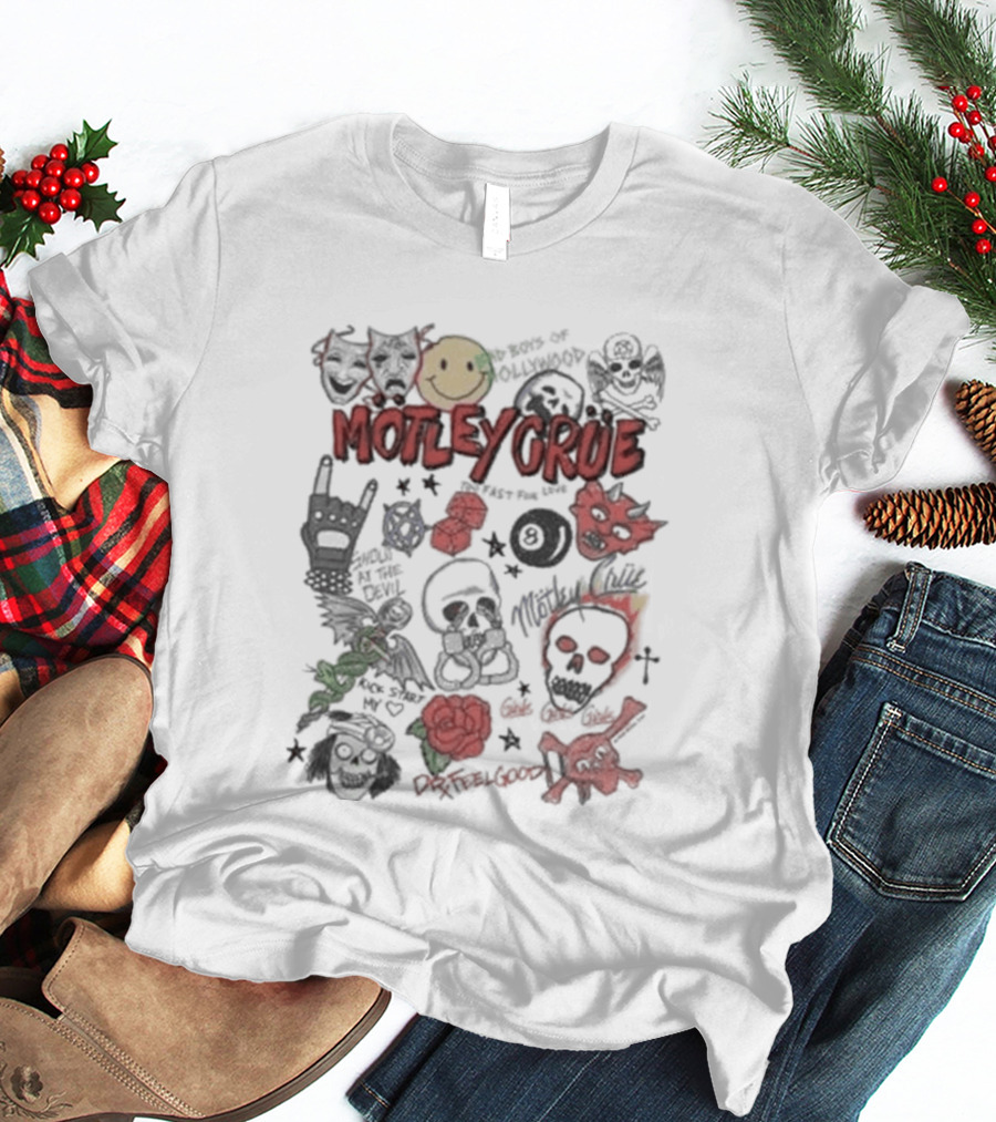 Motley Crue Album Doodle Collage Smiley Skull Roses Punk Rock T-Shirt