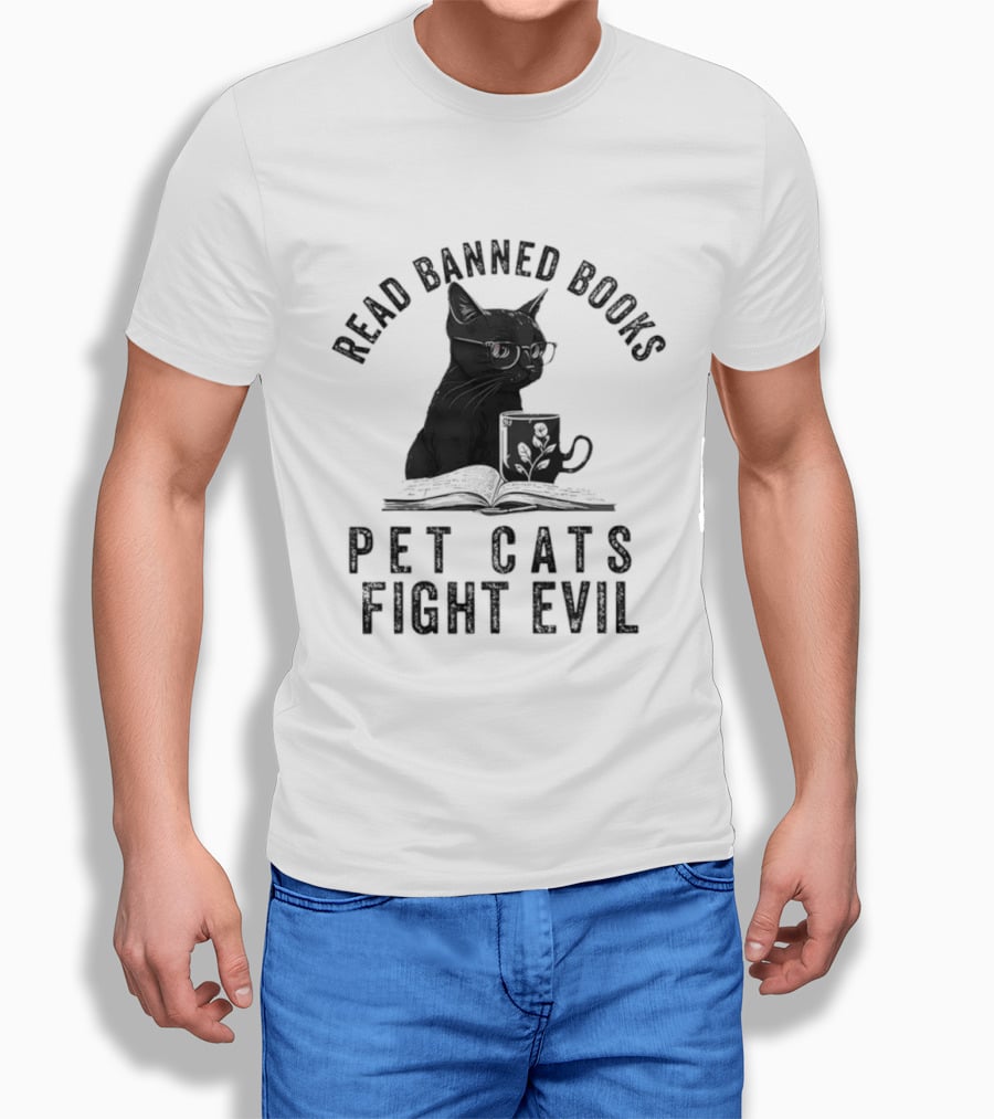 Read Banned Books Pet Cats Fight Evil Black Cat Reading T-Shirt