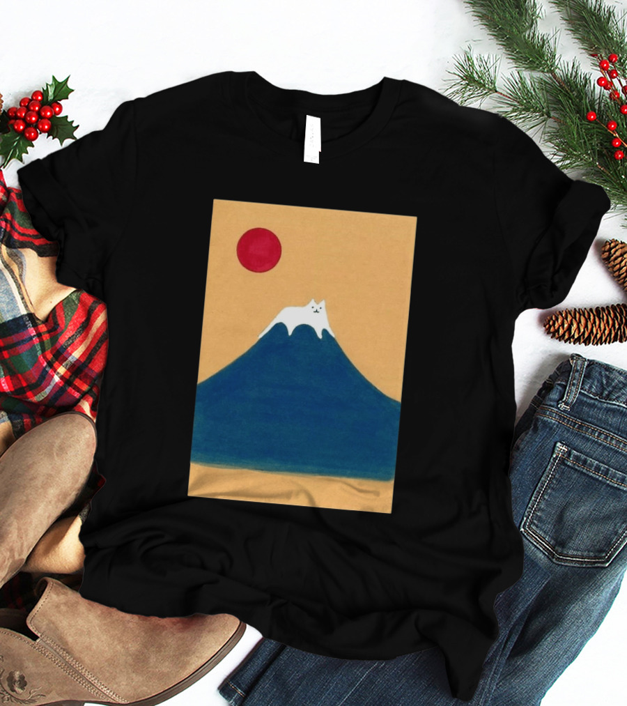 Meow Fuji Cat With Red Sun Illustration Japan T-Shirt