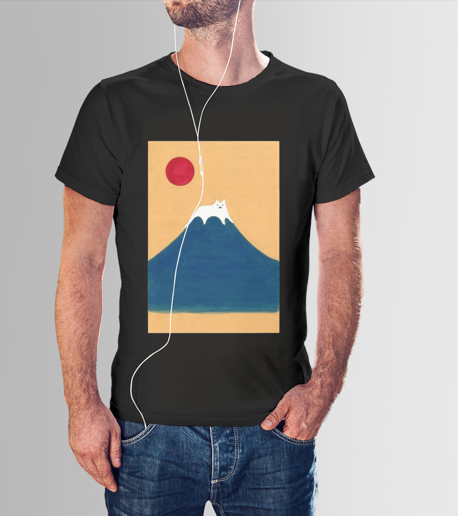 Meow Fuji Cat With Red Sun Illustration Japan T-Shirt