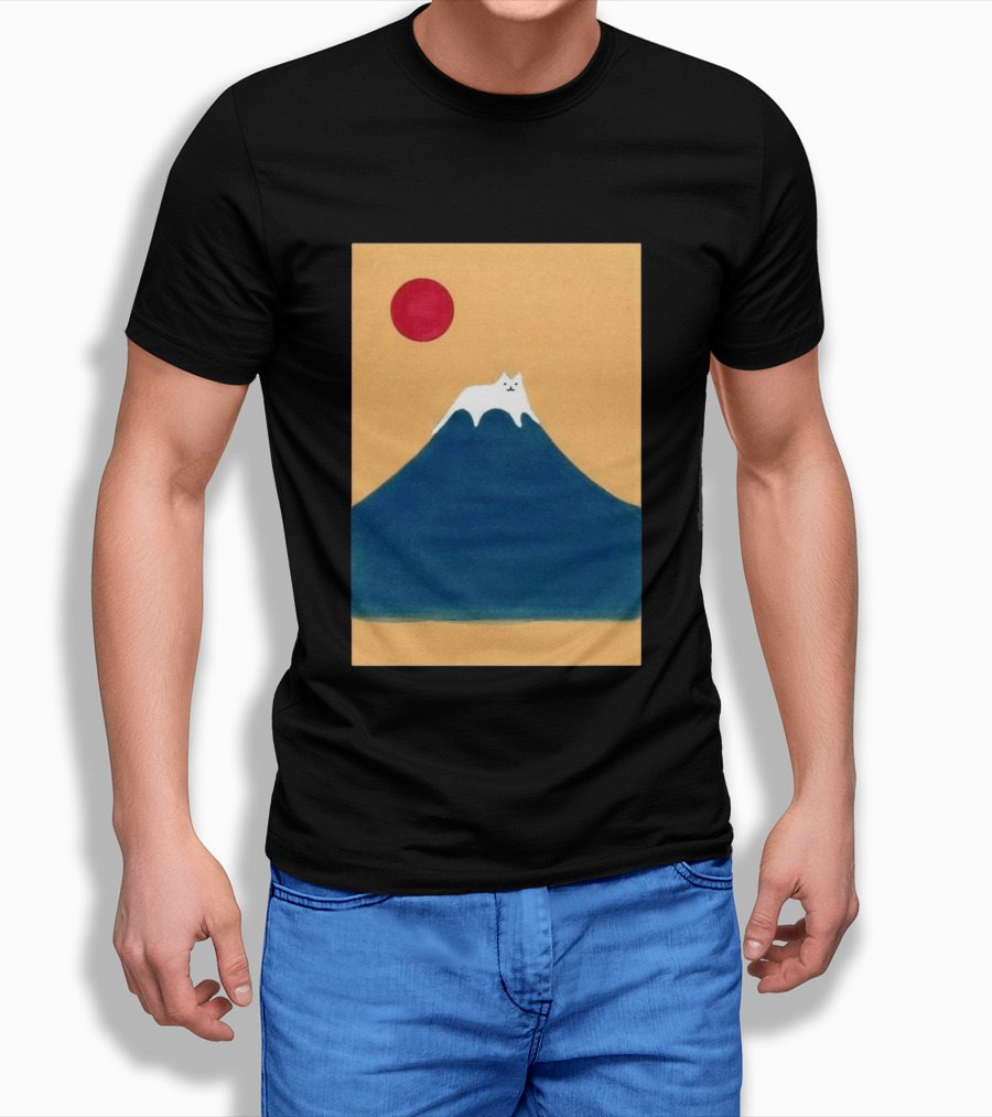 Meow Fuji Cat With Red Sun Illustration Japan T-Shirt