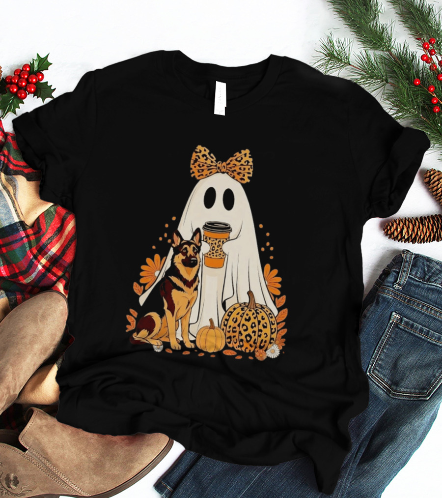 German Shepherd Ghost Leopard Pumpkin Coffee Halloween Bow T-Shirt