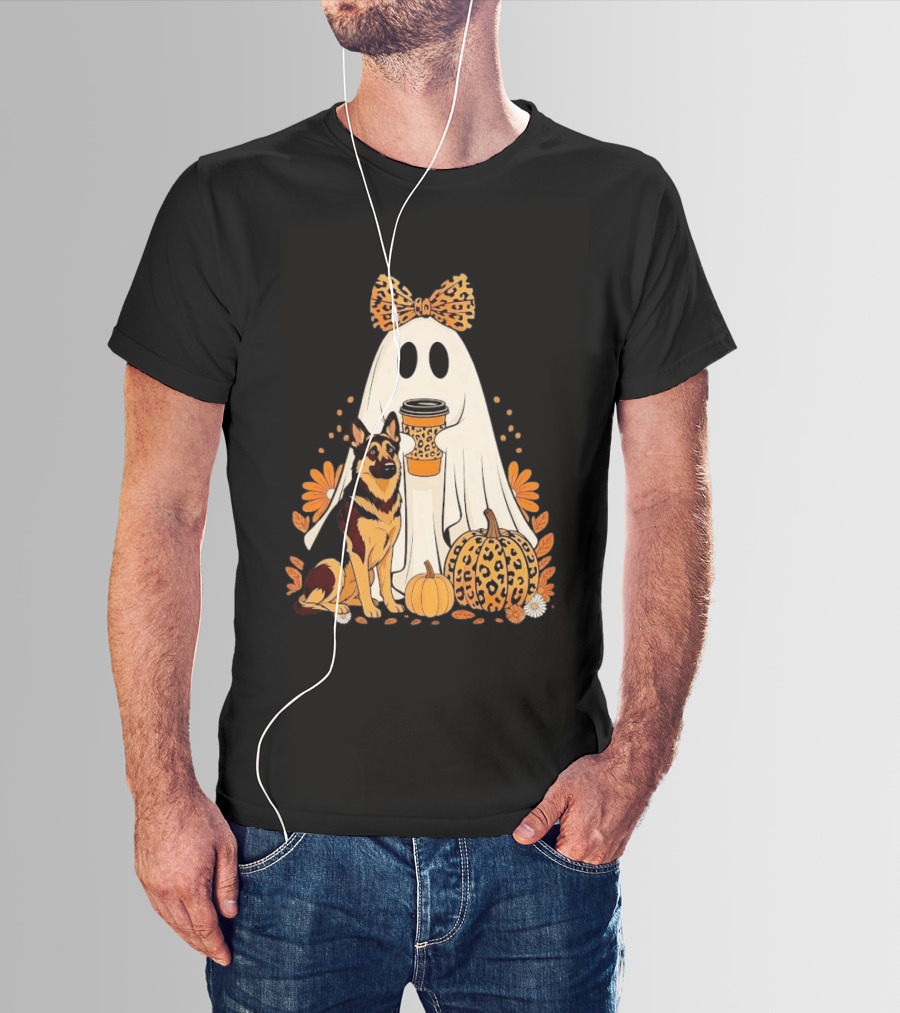 German Shepherd Ghost Leopard Pumpkin Coffee Halloween Bow T-Shirt