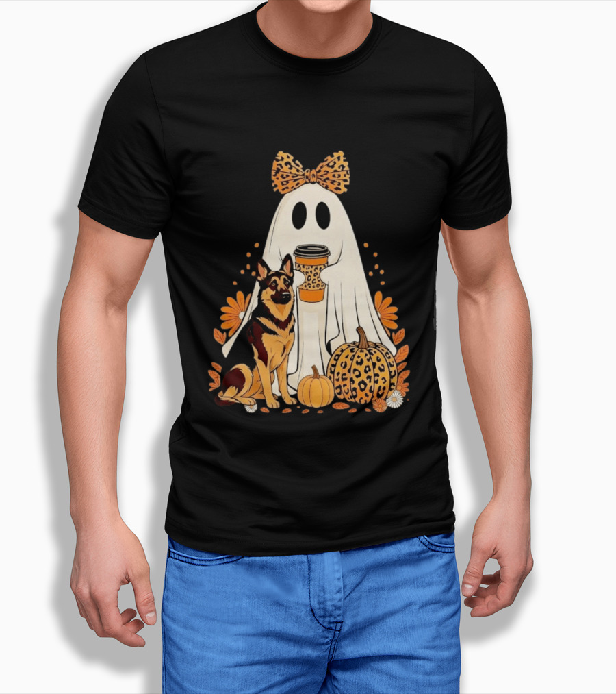 German Shepherd Ghost Leopard Pumpkin Coffee Halloween Bow T-Shirt