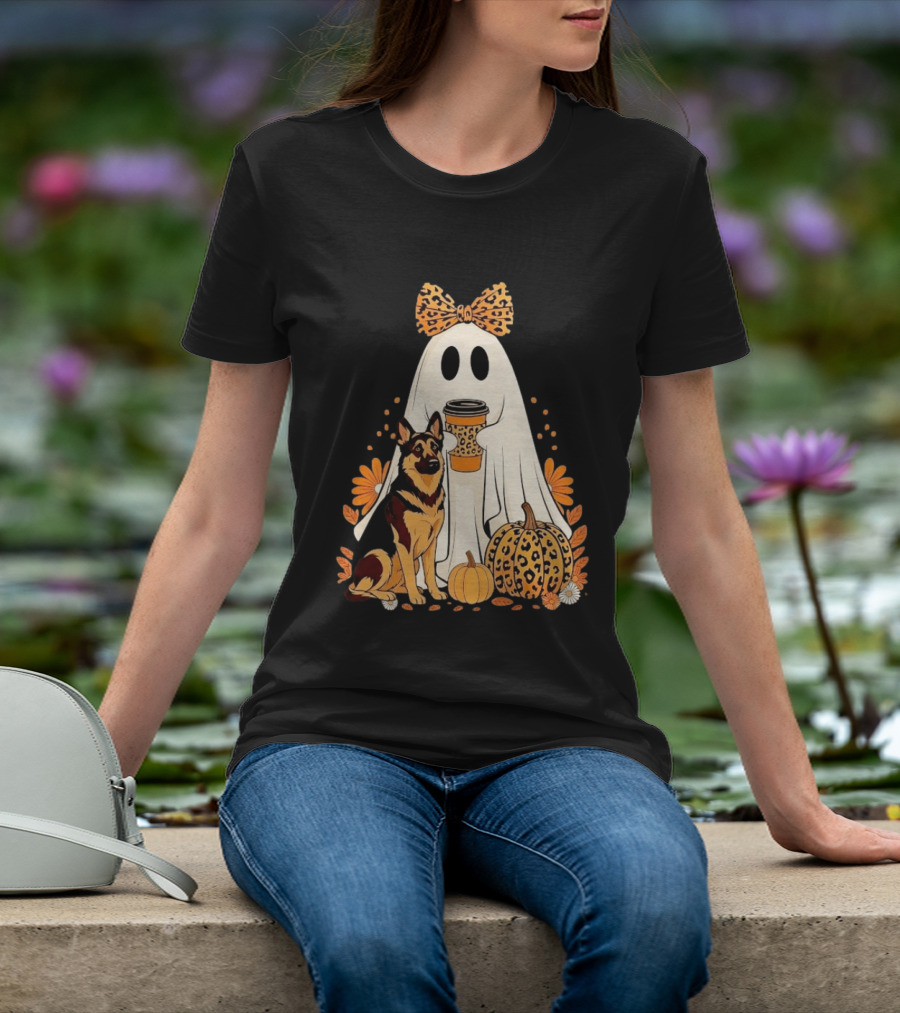 German Shepherd Ghost Leopard Pumpkin Coffee Halloween Bow T-Shirt