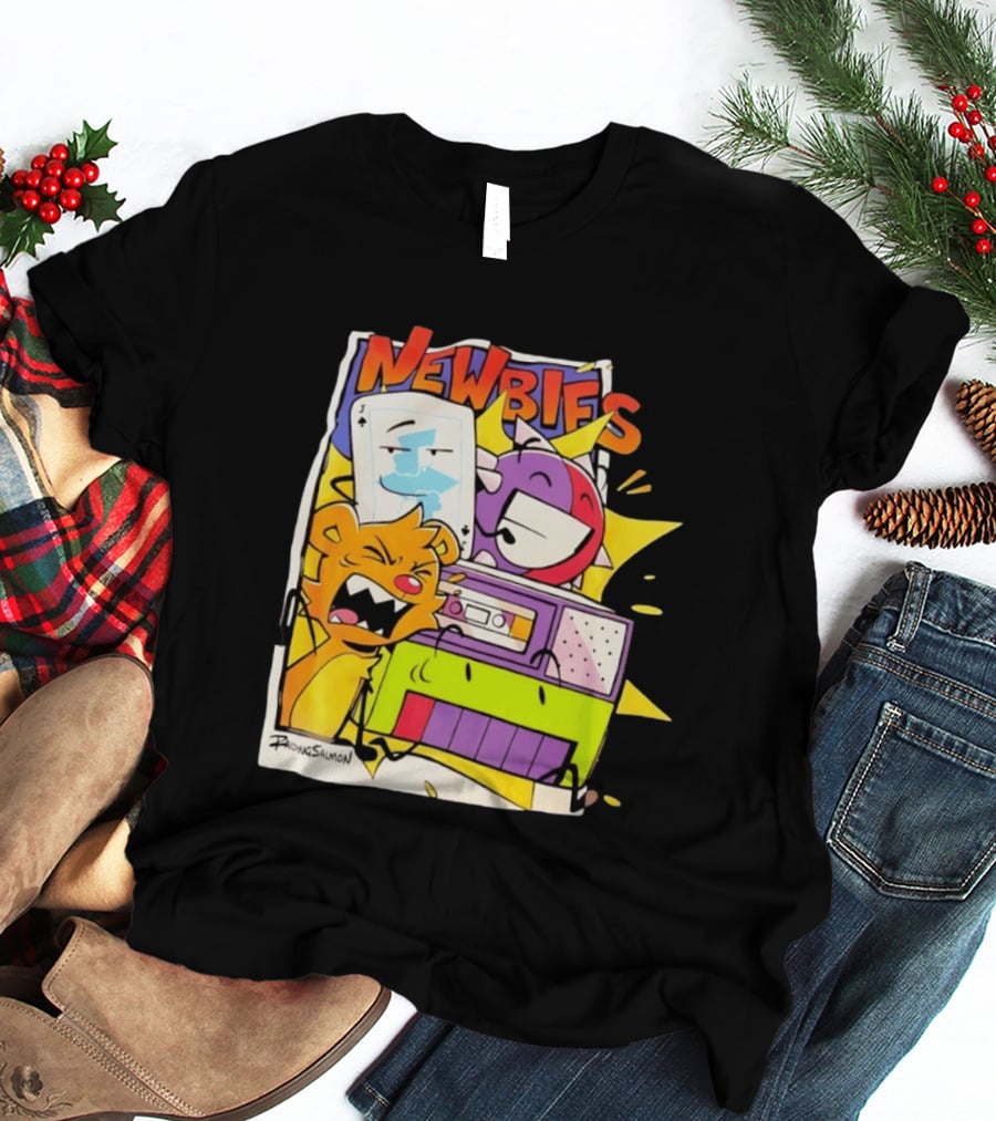 Newbies RaidingSalmon Cartoon Boombox And Cards Explosion T-Shirt