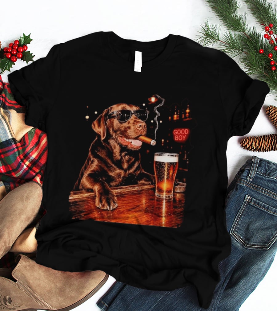 Silly Chocolate Labrador Retriever Drinking Beer Cigar Dog Good Boy Bar Night T-Shirt